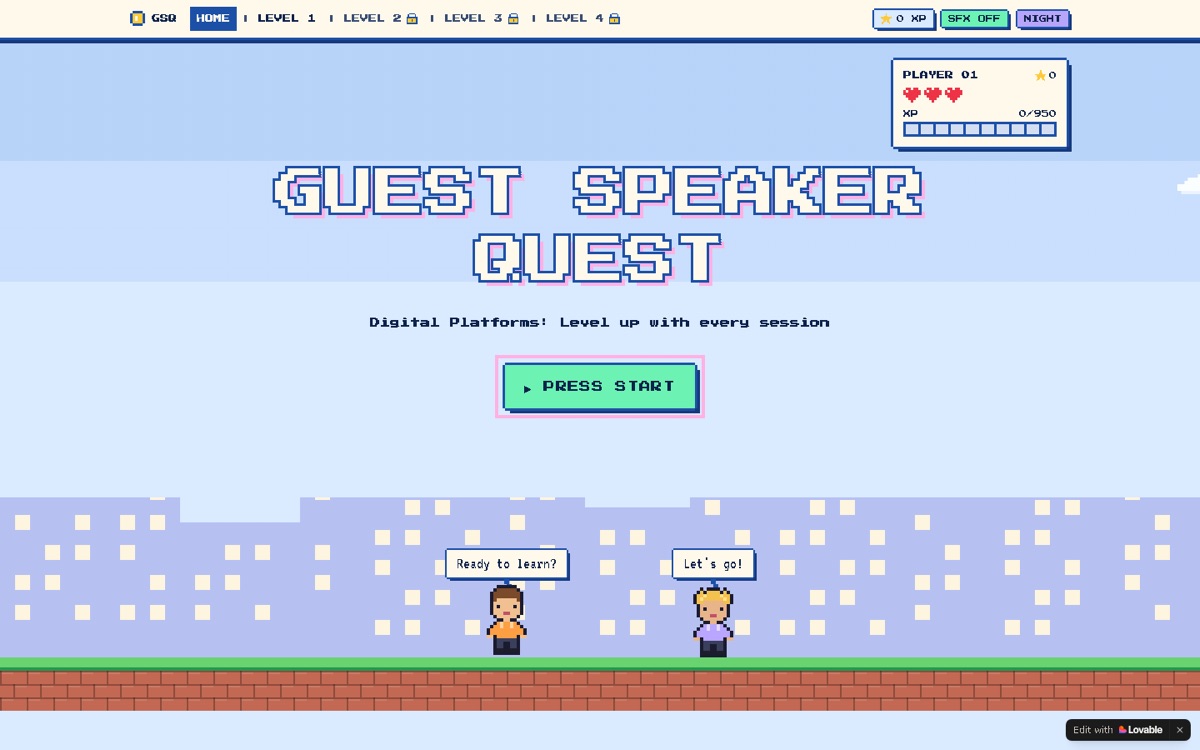 Home page of Guest Speaker Quest, a website built by Devanshi Jain.